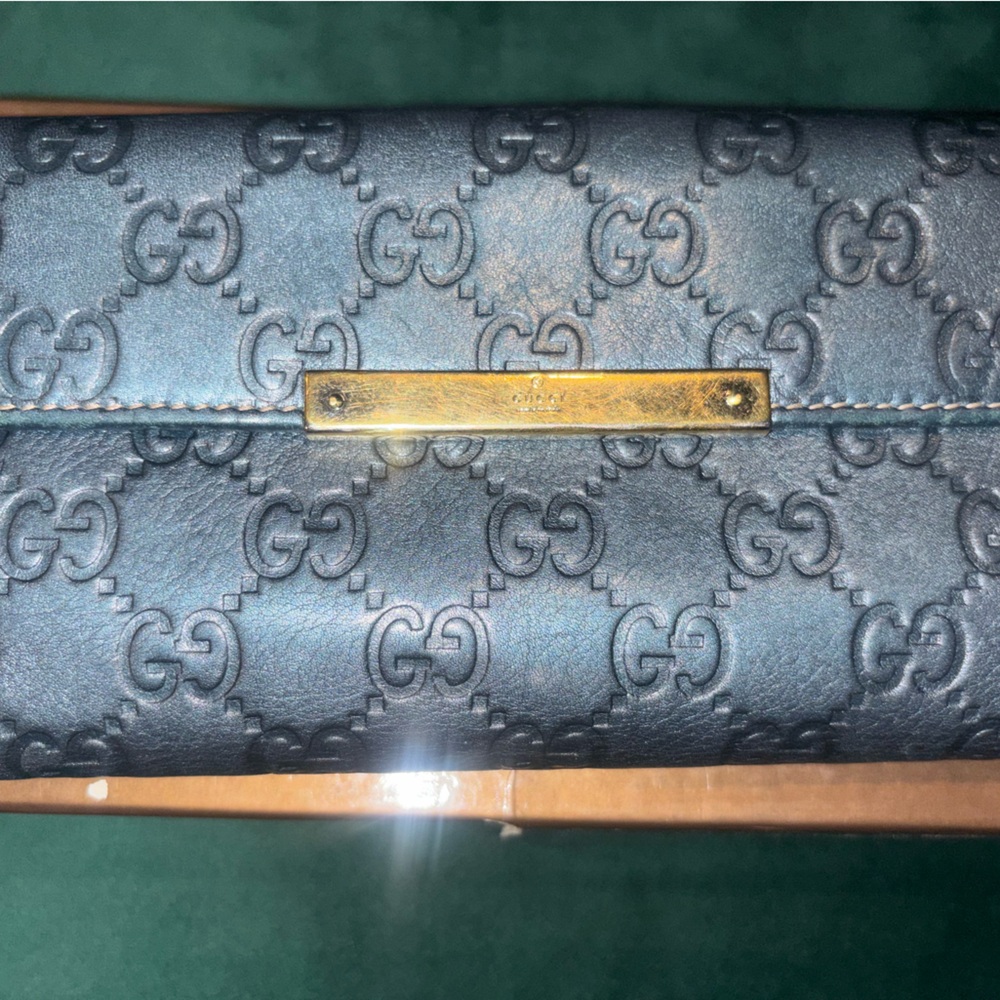 Gucci Blue Clutch with Iconic GG Monogram and Gold Hardware